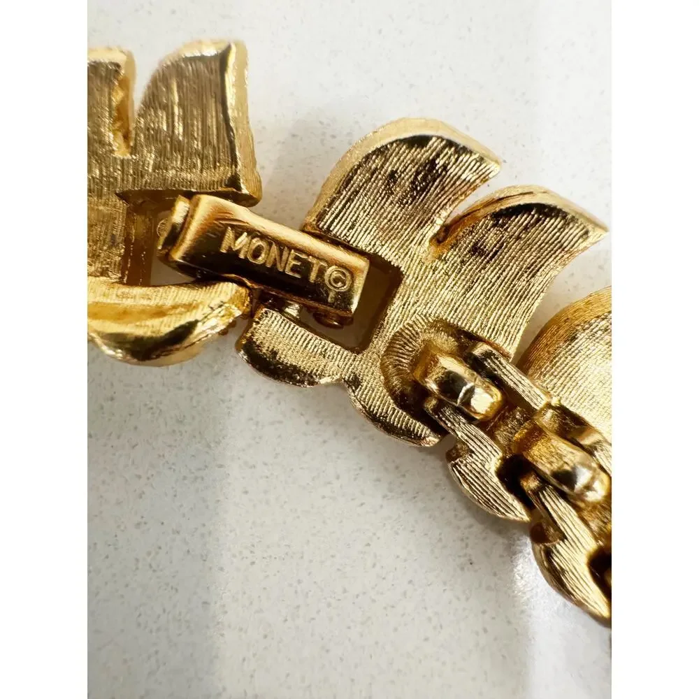 Vintage Signed Monet Gold Tone Textured Necklace | Collar with Teardrop Pendant